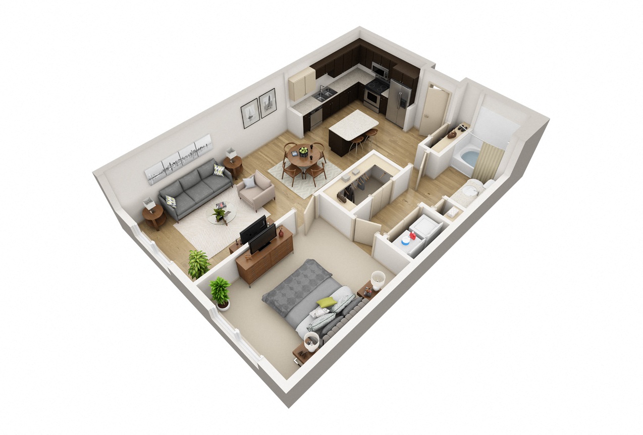 Floor plan for 1 bed, 1 bath, 812 sqft